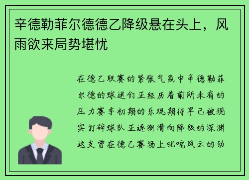 辛德勒菲尔德德乙降级悬在头上，风雨欲来局势堪忧